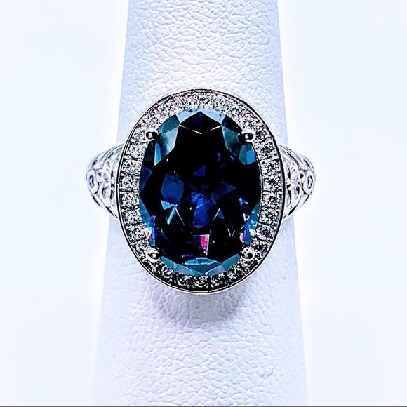 BNIB! BERRICLE STERLING SILVER OVAL SIMULATED SAPPHIRE RHODIUM PLTD RING- SIZE 6 - Picture 5 of 15
